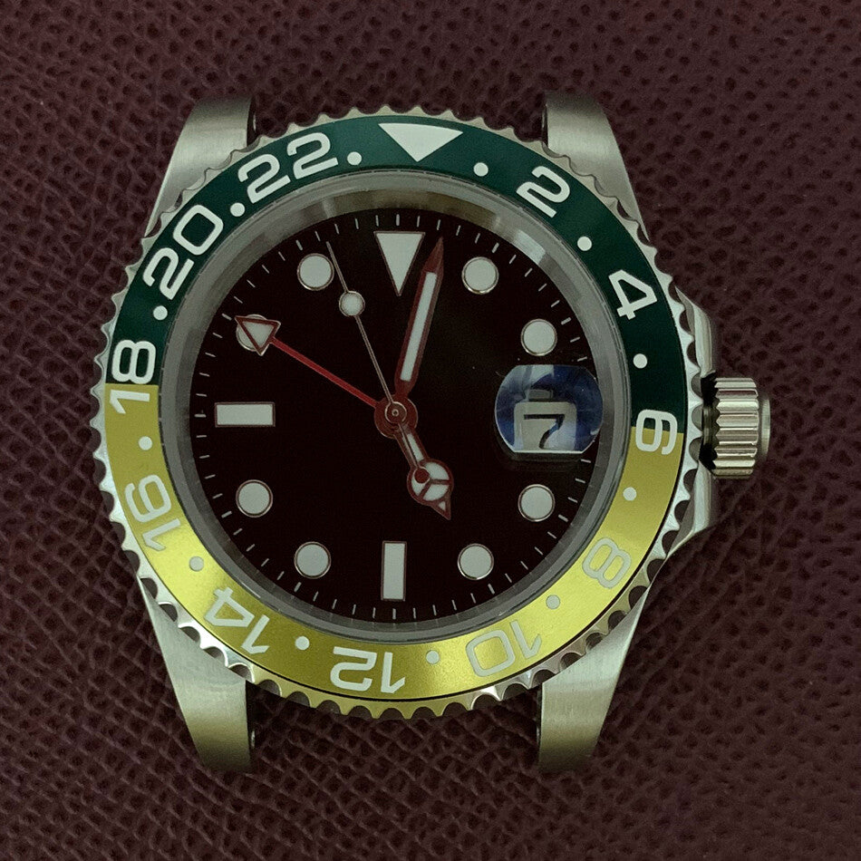 Boîtier de montre GMT 40 mm en acier inoxydable 3804 316L, verre saphir, aiguilles lumineuses