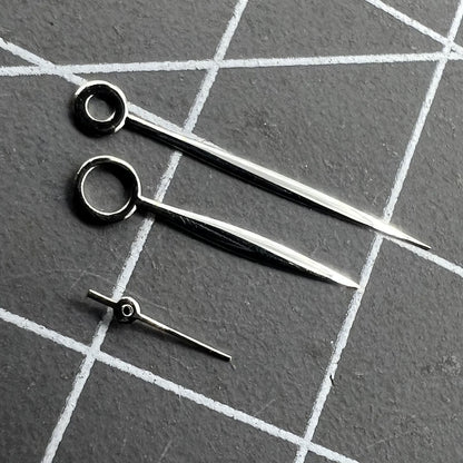 Long silver polished watch hands for ST3600/ST3620/ETA6497/6498 movements, no lume, precision fit.