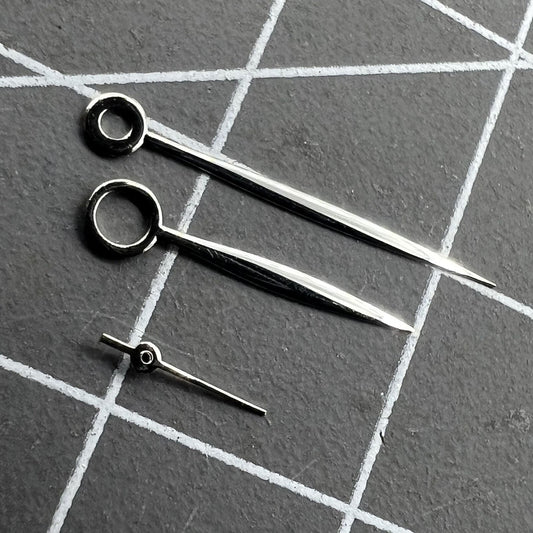 Long silver polished watch hands for ST3600/ST3620/ETA6497/6498 movements, no lume, precision fit.