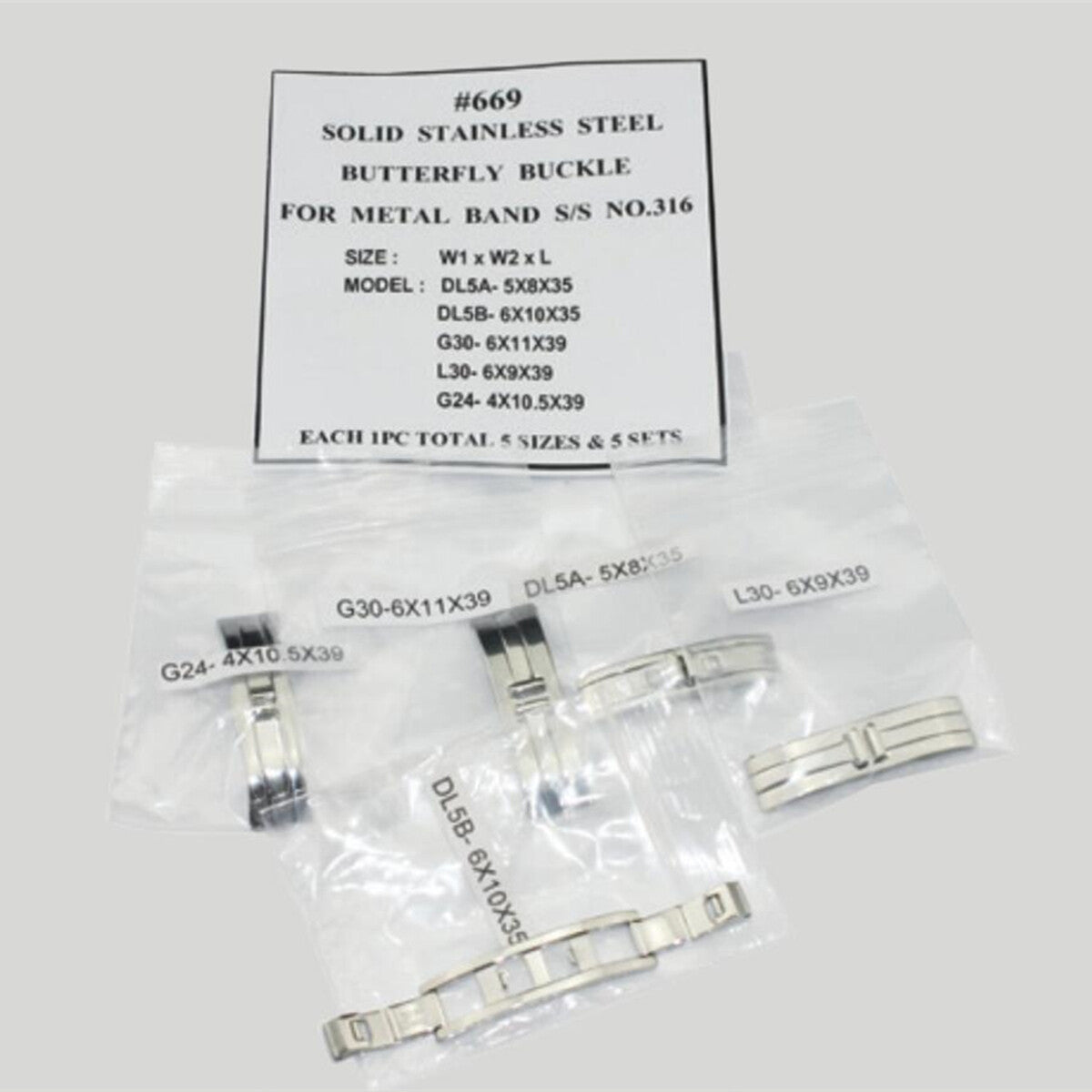 1. Solid 316 stainless steel butterfly buckle set in 5 sizes, perfect for metal watch bands.  
