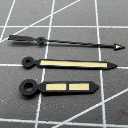 Green lume yellow arrow watch hands with black trim, compatible with NH35/36 movements, ideal for precise timekeeping.
