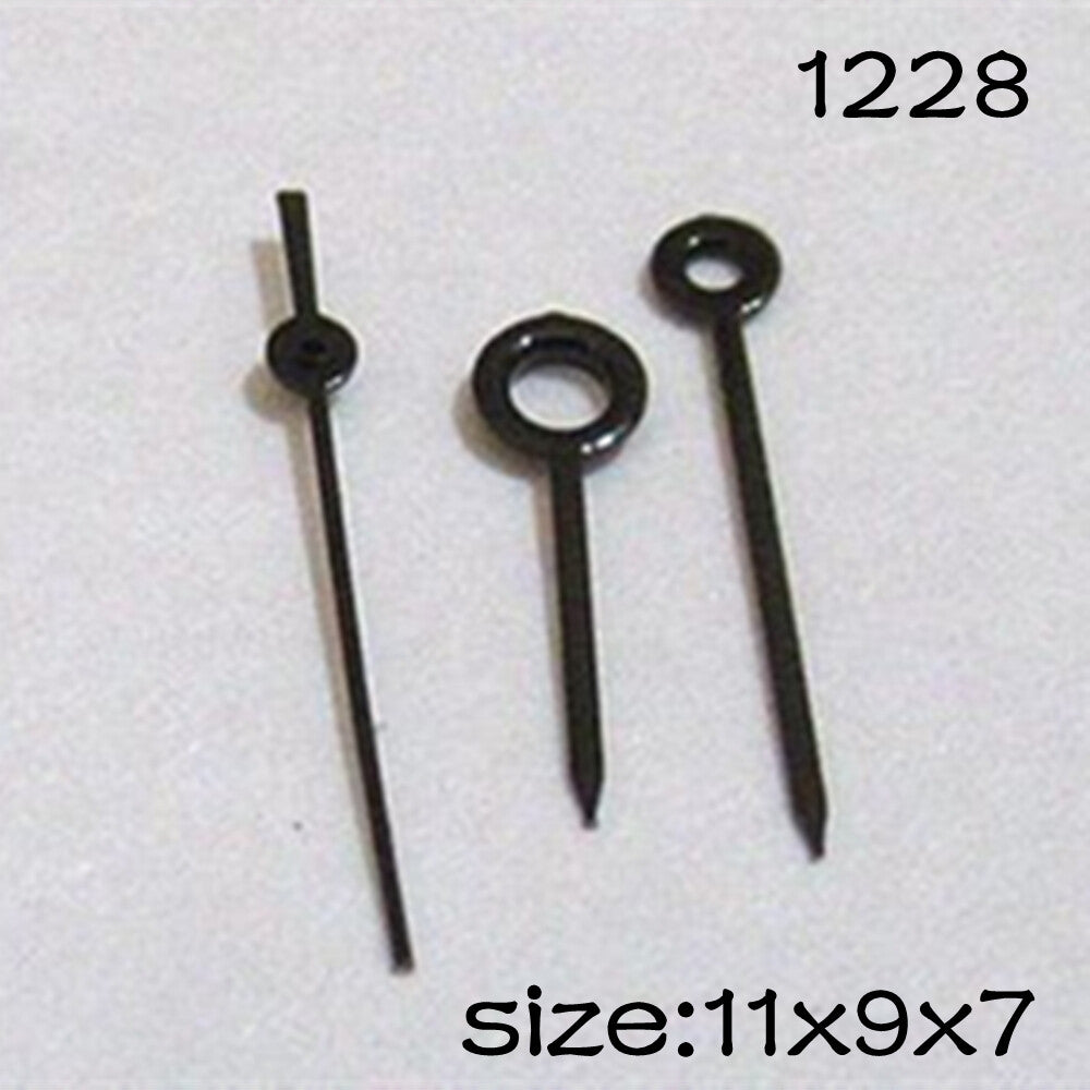 Black watch hands set compatible with Miyota 2035 movement, sizes 11mm, 9mm, and 7mm, precision fit for repair.
