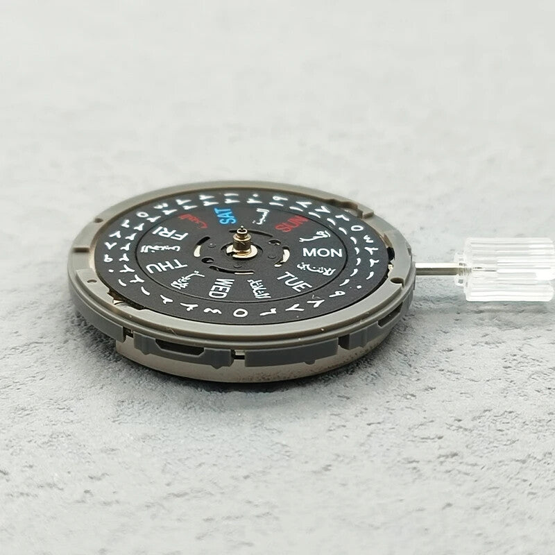 Seiko NH36 automatic movement with black Arabic date dial, crown at 3.8, precise watch mechanism