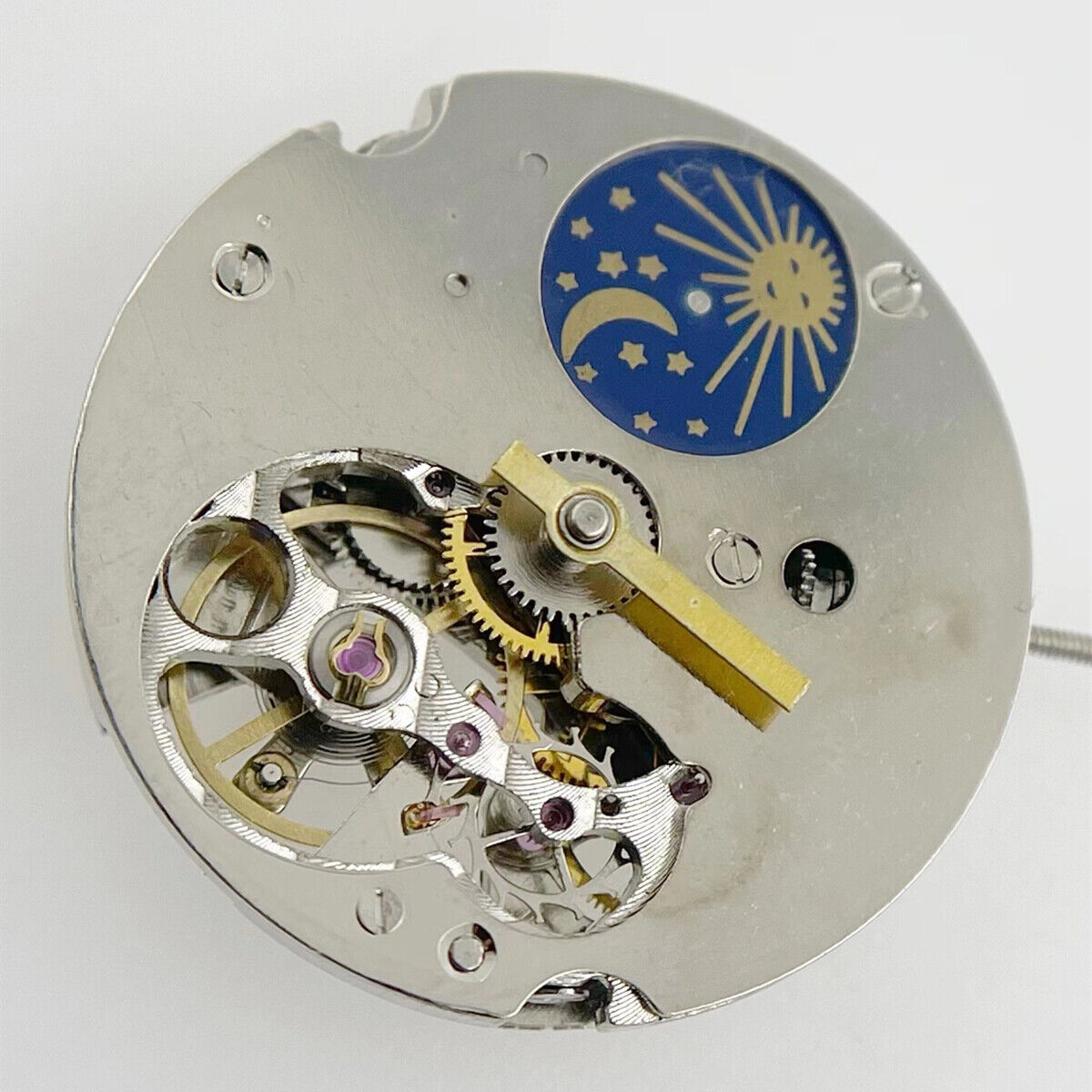 Hollow 8205 automatic watch movement with moon phase, China made, precise mechanical timekeeping.