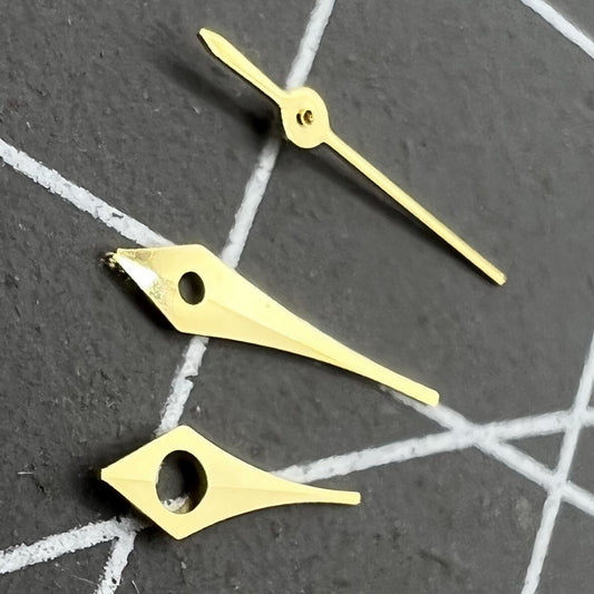 Set of 2 golden 6.5mm pointed trim watch hands for Miyota 2315 and 2035 movements.