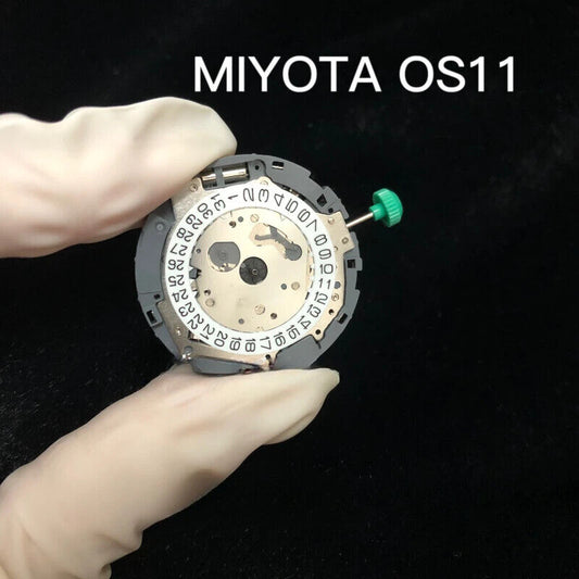 Miyota OS11 quartz watch movement showing date function at 3, 4, and 6 o?clock positions by Original Japan.