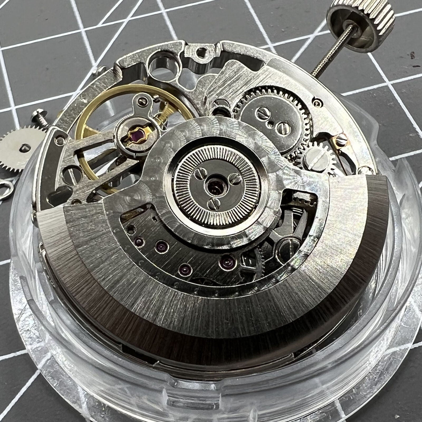 Tianjin Seagull ST25 silver automatic watch movement showcasing 3-hand hollow mechanical design.