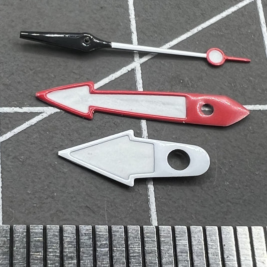 Red and white arrow-shaped watch hands with green luminous trim, compatible with NH35 NH36 movement, enhancing visibility and style.