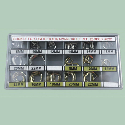 Gold and silver nickel-free watch buckles for leather straps, 8 sizes, 48pcs total, durable and hypoallergenic.