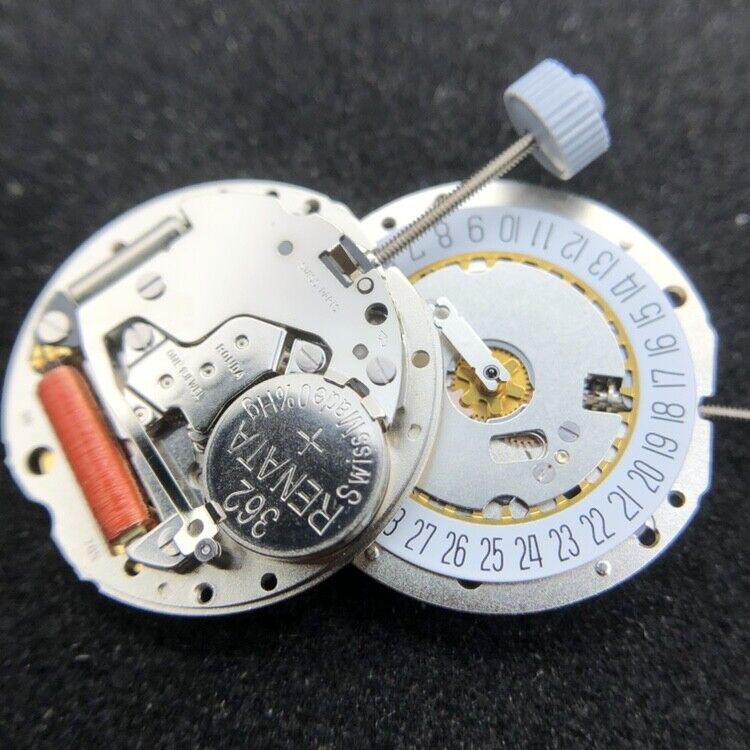 Ronda 785 quartz watch movement with date display at 3 and 6, precise 3 hands design.
