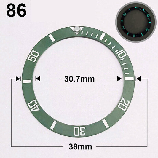 38 mm Keramik-Slope, mattgrüner Ring, silberne Schrift, blaue Leuchtmasse, Uhrenlünette, Uhrenteil