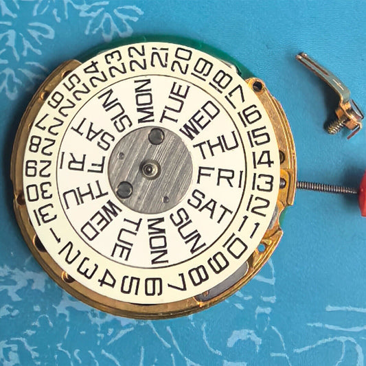 Swiss Made ESA9183 quartz watch movement with double calendar, 3 hands for precise watch repair.