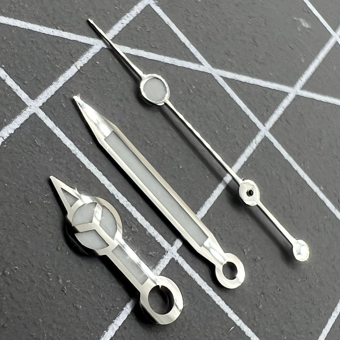 Luminous watch hands set for RLX 3135 movement with hour, minute, and second hands by Luminous.