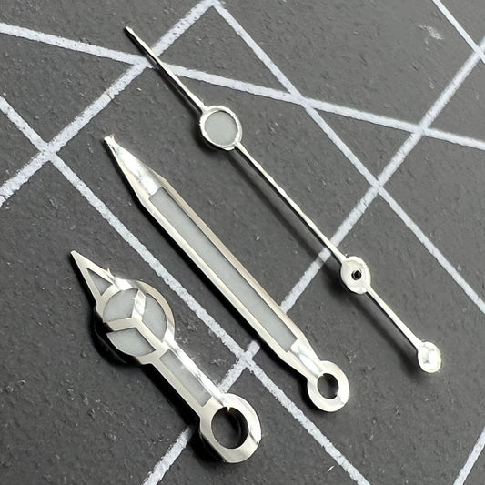 Luminous watch hands set for RLX 3135 movement with hour, minute, and second hands by Luminous.