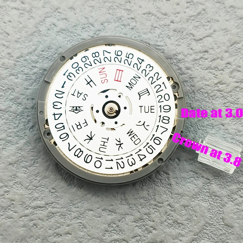 In Japan hergestelltes NH36-Automatikwerk mit japanischem Datumszifferblatt und Krone bei 3,8/3
