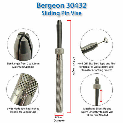Bergeon 30432 Holder Pin Vice With Slide Lock Holding Drills Broaches