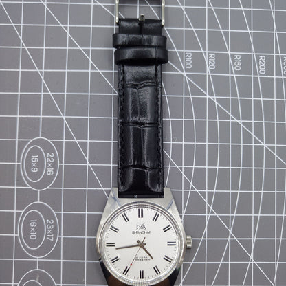 Shanghai Factory 38mm manual mechanical watch with white dial, 3 hands, 19 jewels, classic design.