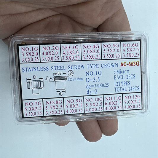 Set of 24 golden stainless steel watch crowns for screw-type models, perfect for repairs and replacements.
