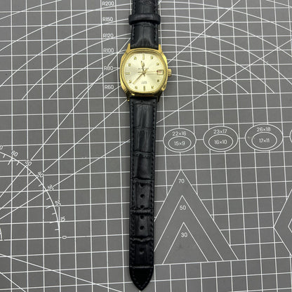 Black Dandong mechanical watch with golden dial, 17 jewels, single calendar, perfect for elegant timekeeping.