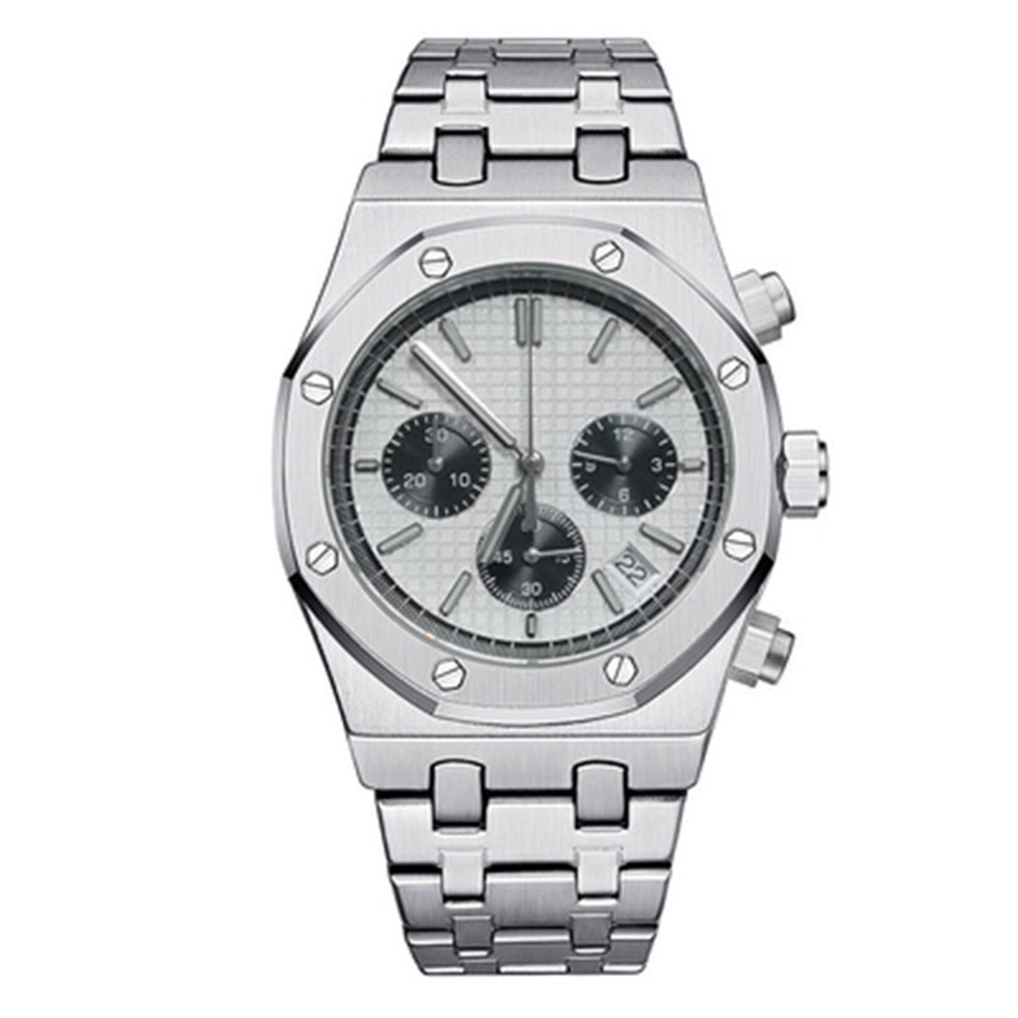 41MM stainless steel watch case and strap with VK63 movement and scratch-resistant sapphire glass.