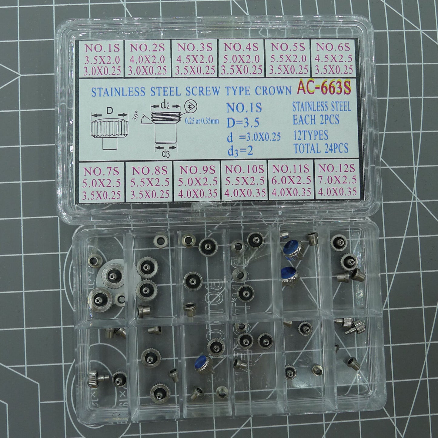 Set of 24 AC-663S stainless steel watch crowns, durable screw type for precise repairs.