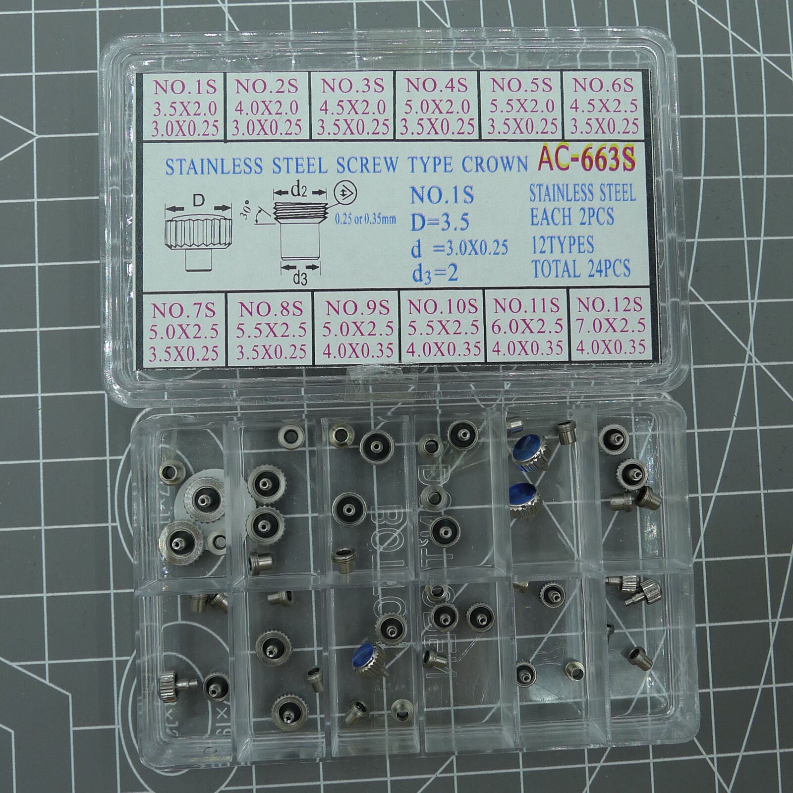 Set of 24 AC-663S stainless steel watch crowns, durable screw type for precise repairs.