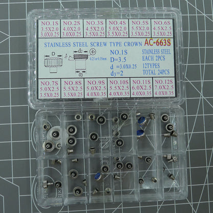 Set of 24 AC-663S stainless steel watch crowns, durable screw type for precise repairs.