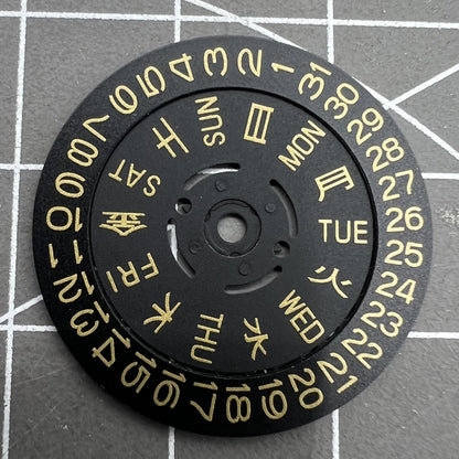 Black date disk with golden font for NH36 movement, date at 3 o'clock, crown at 3/3.8 position, watch accessory.