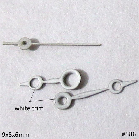 9mm white hollow watch hands set for Miyota 2035 movement, enhancing timepiece clarity and style.