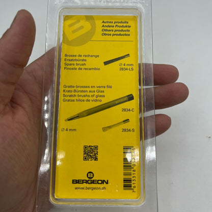 Bergeon 2834-L brass scratch brush with 10mm fine tip, ideal for precise Swiss watch repair tasks.