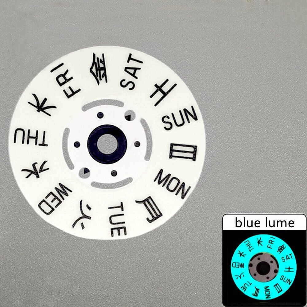 Blue lume week wheel disk showing Japanese and English days for NH36 watch movement.