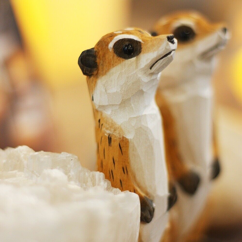 Handmade Meerkat wooden figurine, detailed collectible sculpture for home decor.