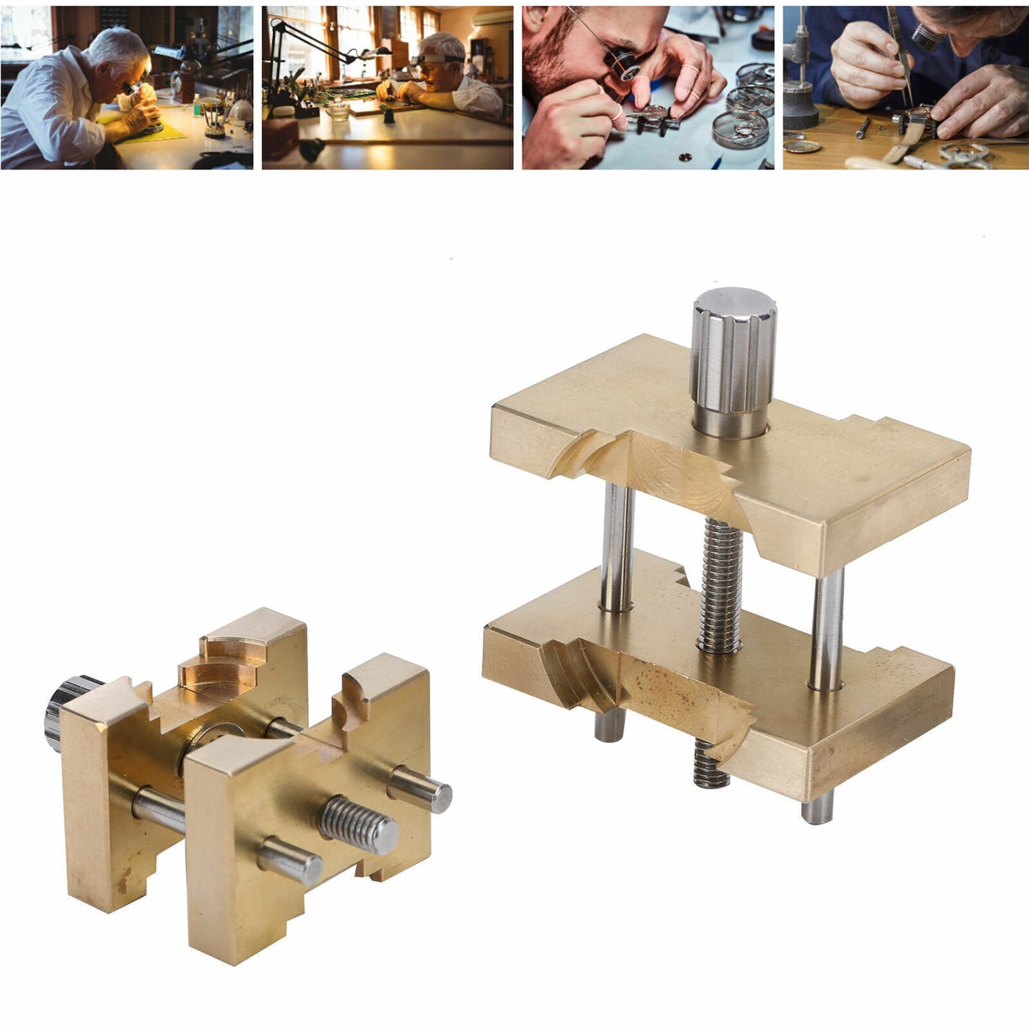 Copper vintage watch movement holder clamp vise for precise watch repairs, ideal for watchmakers.