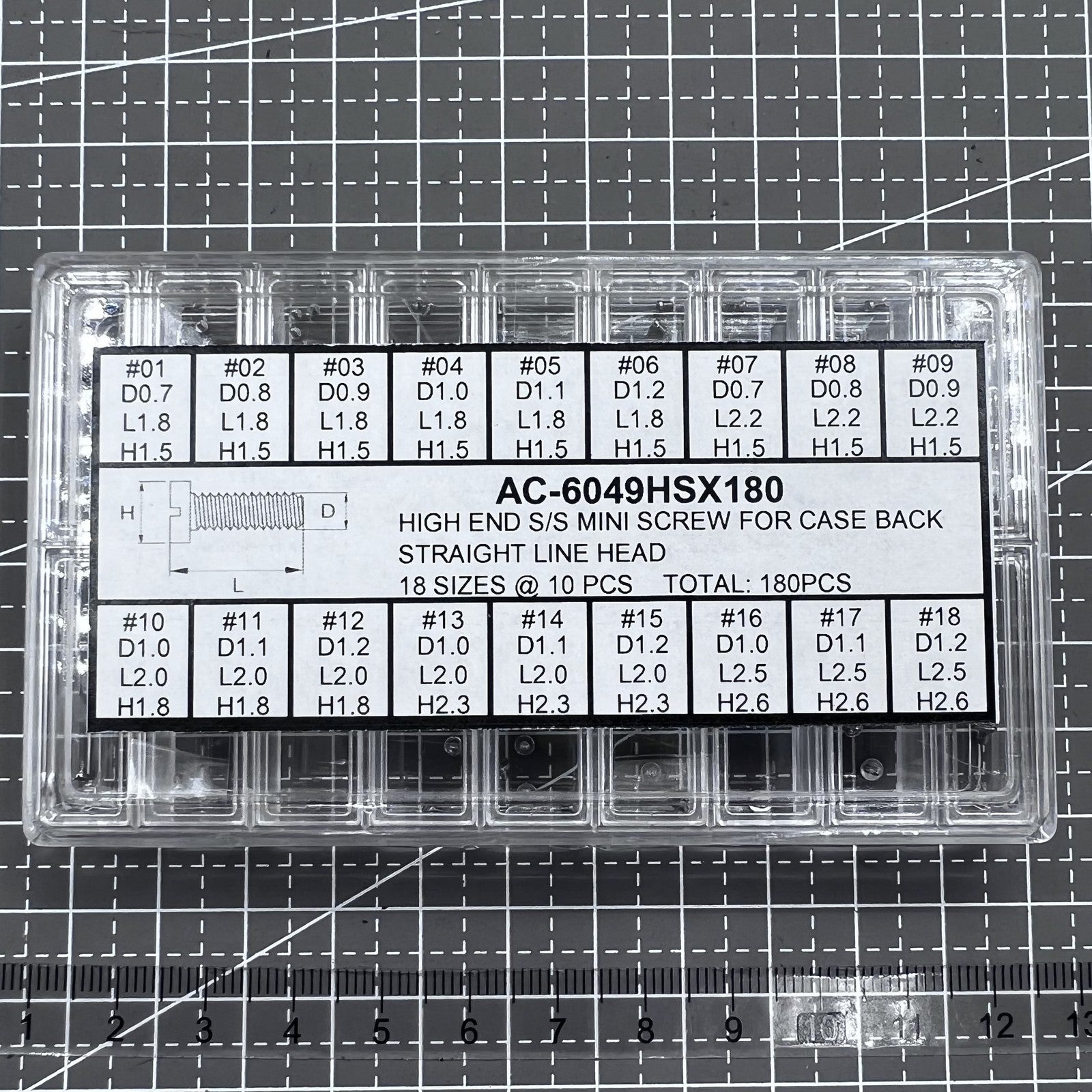 Set of 180 high-end stainless steel mini screws for watch case backs, straight line head.