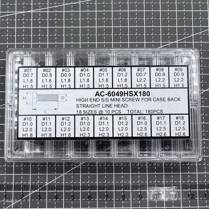 Set of 180 high-end stainless steel mini screws for watch case backs, straight line head.
