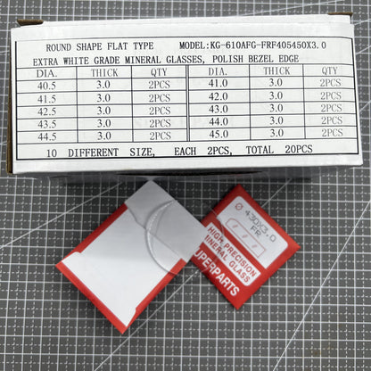 1. Set of 20 flat 3.0mm thick mineral crystal watch glass, 40.5-45mm diameter for replacements.  