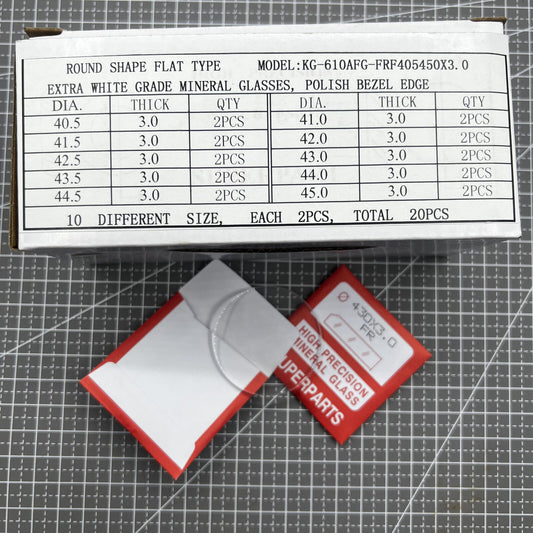 1. Set of 20 flat 3.0mm thick mineral crystal watch glass, 40.5-45mm diameter for replacements.  