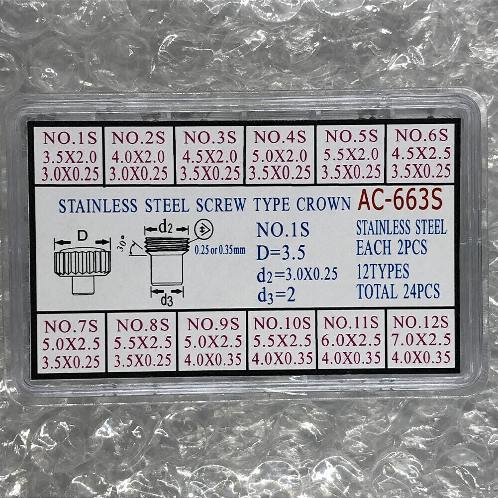 AC-663S stainless steel screw type crown set, 24PCS for watch accessory replacements.