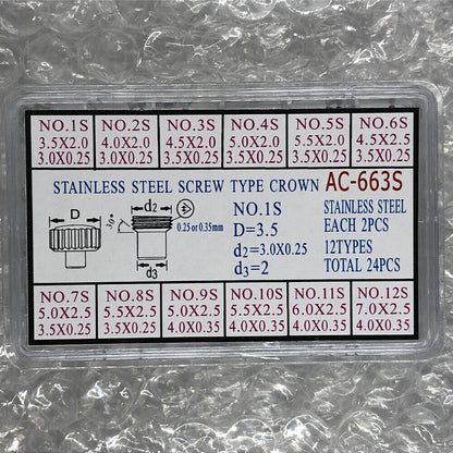 AC-663S stainless steel screw type crown set, 24PCS for watch accessory replacements.