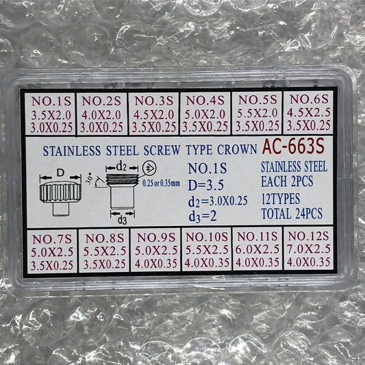 AC-663S stainless steel screw type crown set, 24PCS for watch accessory replacements.