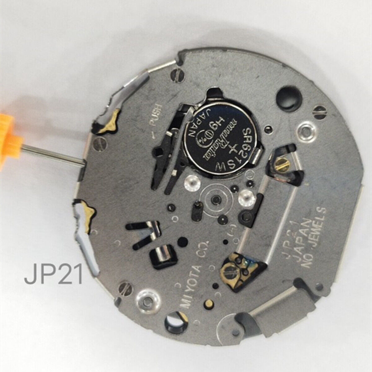 Miyota JP21 quartz watch movement with date display at 3 o'clock, precise and reliable.