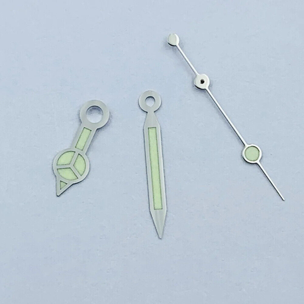 Green luminous watch hands with silver trim, compatible with NH35 NH36 movements.