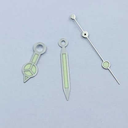 Green luminous watch hands with silver trim, compatible with NH35 NH36 movements.