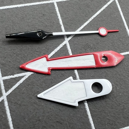 Red and white arrow-shaped watch hands with green luminous trim, compatible with NH35 NH36 movement, enhancing visibility and style.