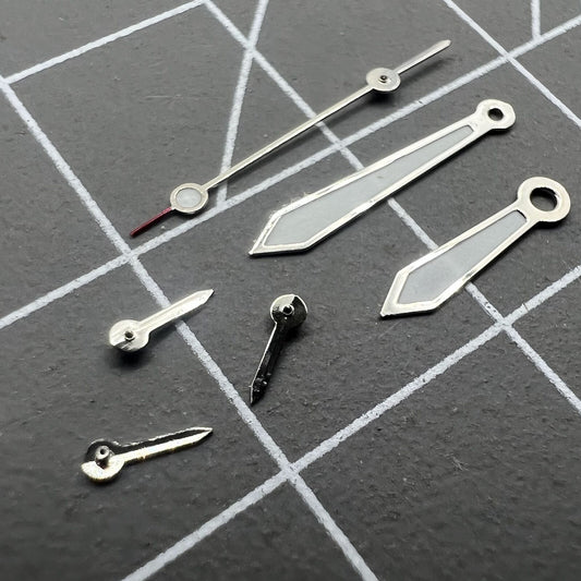 Arrow-shaped 13mm silver-trimmed green lume watch hands for VD53 VD54 VD57 movement.