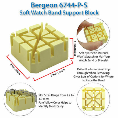 Bergeon 6744-P-S soft bracelet holder tool block for precise watch band repairs and adjustments.