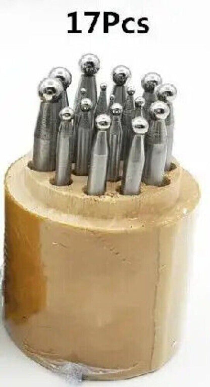 Shaping dapping punch set with wooden stand, perfect for jewelers crafting detailed metal designs.