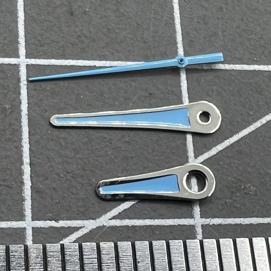 Blue painted watch hands set for Miyota 2035 movement, sizes 13mm/11mm/9mm, stylish and precise.