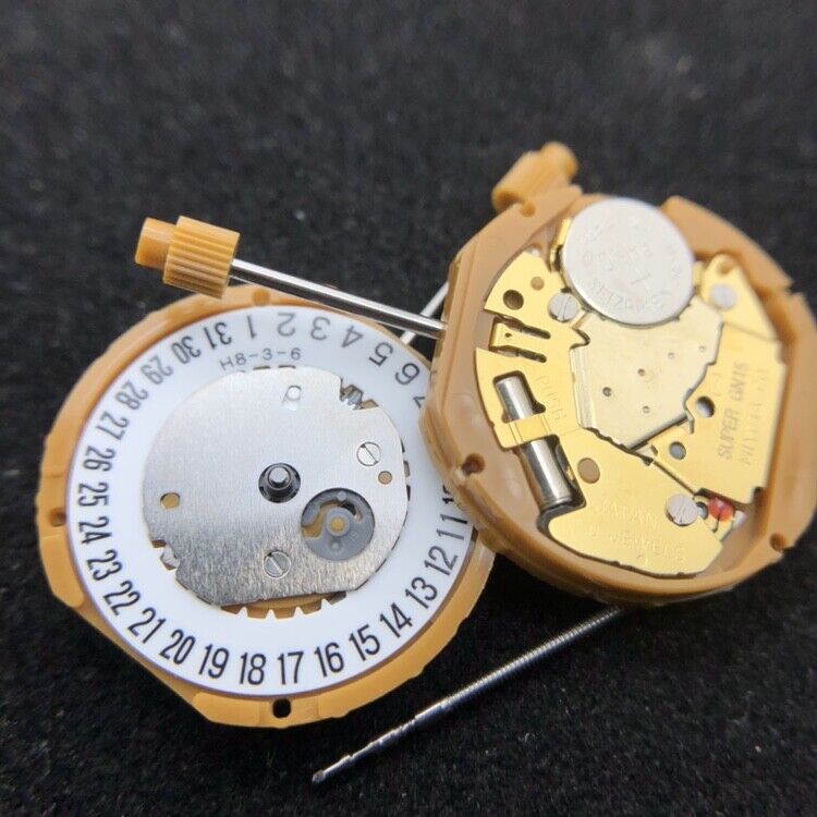 Miyota GN15 quartz watch movement with date display at 3 and 6 o'clock, precision timekeeping.