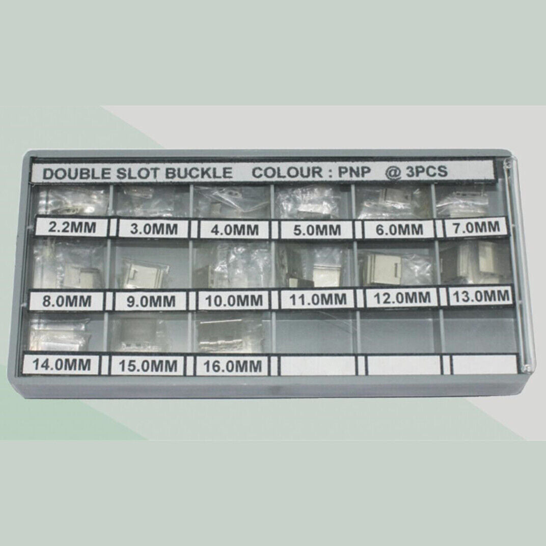 Silver double slot clip buckle for metal watch bands, fits 2.2-16mm straps, 45PCS/box.